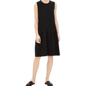 Eileen Fisher Tencel Jersey Drop-Waist Dress Mini Mock Neck Soft Flare Black XS
